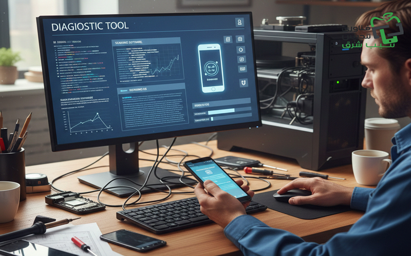 یک تکنسین تعمیرات در حال انجام عیبیابی نرمافزاری گوشی هوشمند است. او گوشی را با کابل به کامپیوتر متصل کرده و از طریق یک نرمافزار تشخیصی که اطلاعات سیستمعامل و نمودارهای داده را نشان میدهد، وضعیت آن را بررسی میکند.