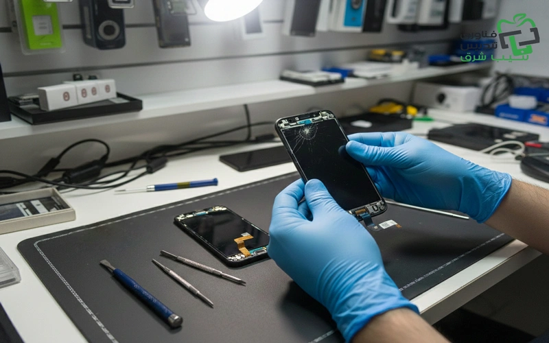 تعمیر کار در حال تعمیر گوشی سامسونگ و بررسی صفحه نمایش آن در محل کارش