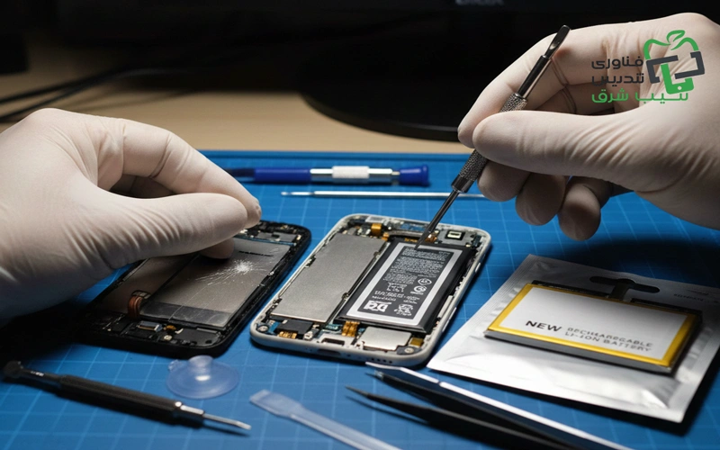 تعویض باتری یک تلفن هوشمند توسط تعمیرکار. دستهایی با دستکش سفید در حال جدا کردن قطعات داخلی گوشی باز شده روی یک پد آبی دیده میشوند. یک باتری جدید در بستهبندی آن، ابزارهای کوچک تعمیر و قطعات جدا شده گوشی در اطراف قرار دارند