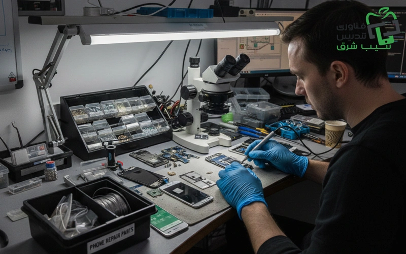 یک تکنسین در حال تعمیر مدارهای الکترونیکی کوچک دستگاههای هوشمند (مانند تلفن همراه) در زیر یک میکروسکوپ و نور روشن در کارگاه خود. او دستکشهای آبی پوشیده و با یک ابزار ظریف کار میکند، در حالی که قطعات یدکی، سیم لحیم و گوشیهای هوشمند از هم باز شده روی میز قرار دارند.